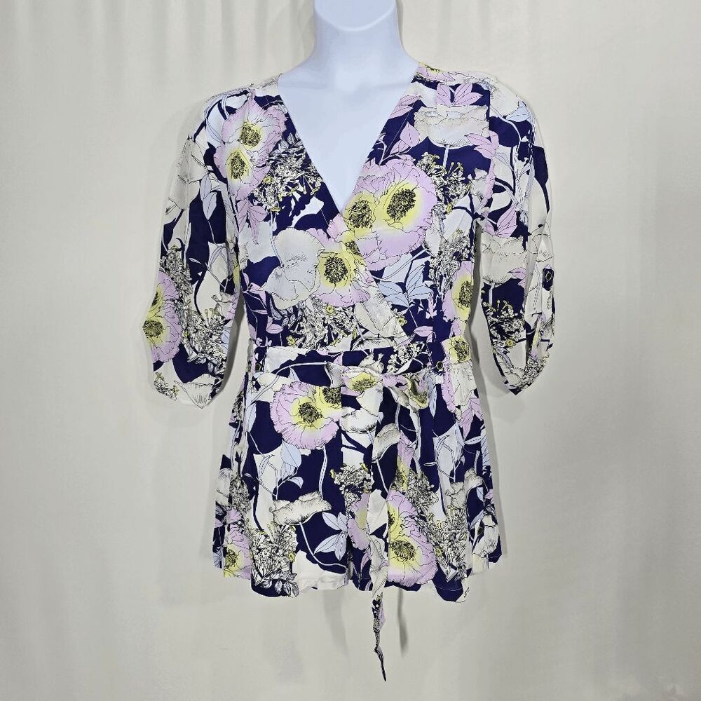 Yumi Kim Liz Romper Bora Bora Navy Floral Print Silk Belted Surplice Neckline Si